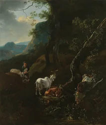 Eine Schäferin mit Tieren in einer bergigen Landschaft