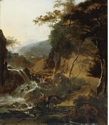 Italienische Berglandschaft mit Hirten und Vieh an einem Wasserfall