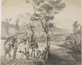 Reiter und Hunde in felsiger Landschaft