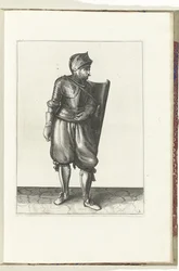 Die Übung mit Targe und Rapier: Der Soldat bringt die Targe von hinten über die linke Schulter (Nr. 2), 1618