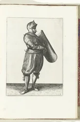 Die Übung mit dem Targe und Rapier: Der Soldat hält den Targe etwas nach vorne, um das Rapier ziehen zu können, 1618 (Serie)