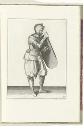 Die Übung mit dem Targe und Rapier: der Soldat hält den Targe mit der rechten Hand und greift mit der linken Hand den Riemen (Nr. 3), 1618