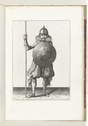 Übung mit Schild und Speer: der Soldat bringt den Speer in drei Schritten zurück in die Ruheposition, dritte Bewegung (Nr. 12), 1618