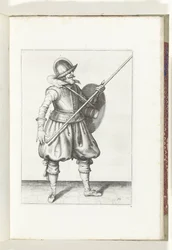 Die Übung mit Schild und Speer: Der Soldat bringt den Speer in drei Zeiten zurück in die Ruheposition, erste Bewegung (Nr. 10), 1618 (De Nassausche Wapen-Handelinge, van Schilt, Spies, Rappier ende Targe)