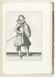 Die Übung mit Schild und Speer: der Soldat bringt in zwei Zeiten den Speer in Position zum Schleppen, zweite Bewegung (Nr. 14), 1618