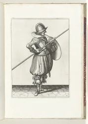 Die Übung mit Schild und Speer: der Soldat bringt in zwei Zeiten den Speer in Position zum Schleppen, erste Bewegung (Nr. 13), 1618