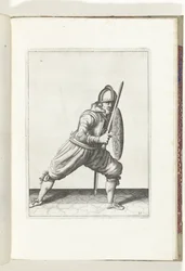 Die Übung mit Schild und Speer: Der Soldat in einer Verteidigungshaltung mit einem Fuß nach vorne und mit seinem Rapier und Schild auf dem Knie vor dem Körper (Nr. 21), 1618 (De Nassausche Wapen-Handelinge, van Schilt, Spies, Rappier ende Targe)