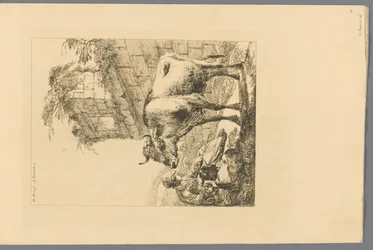 Hirtin mit einem Widder, einer Ziege und einer Kuh bei einer Ruine