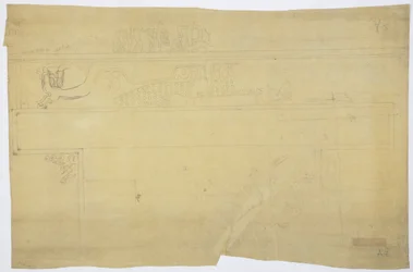 Kopie einer Nachzeichnung eines Wandgemäldes über der Tür, Oberer Tempel der Jaguare, Chichen Itza, Mexiko, Bleistift 