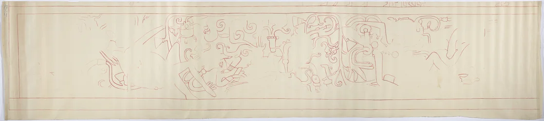 Umrissnachzeichnung eines Wandgemäldes von der Westwand, Oberer Tempel der Jaguare, Chichen Itza, Mexiko