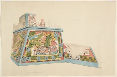 Gemälde eines Steinreliefs aus Xochicalco, Mexiko, Nordende der Westseite der unteren Terrasse