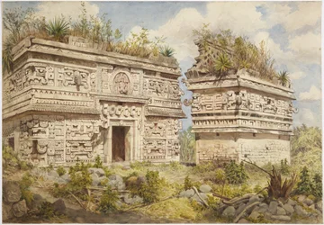 Ruinen in Chichen Itza, Yucatan, Mexiko, zeigt die Ostfassade von Gebäude A und Iglesia
