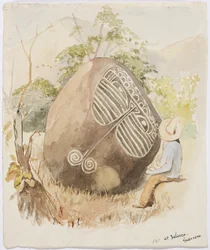 Steinrelief - Jaleaca, Guerrero, Mexiko, zeigt einen Mann, der auf einen großen runden Stein mit eingraviertem 