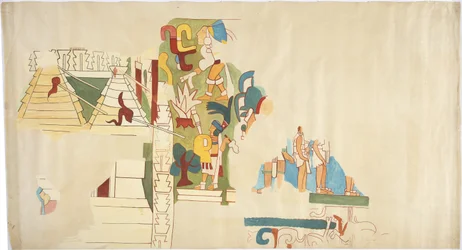 Abzeichnung eines Wandgemäldes aus der Casa de Monjas, Chichen Itza, Mexiko zeigt das Gewölbe in der großen Kammer