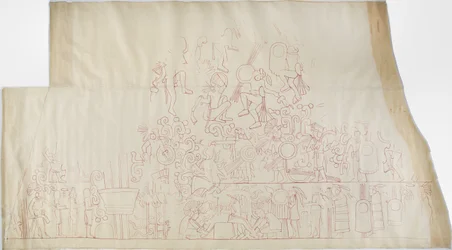 Abzeichnung eines Wandgemäldes von der Decke des südlichen Gewölbes, Oberer Tempel der Jaguare, Chichen Itza, Mexiko