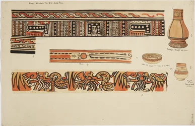 Zwei Krüge (einer mit einem hohen, schmalen Hals) und eine Schale mit Designs