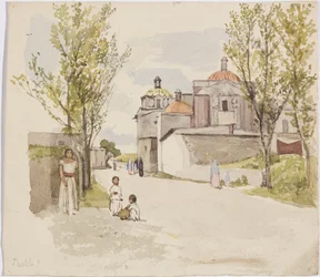Ansicht einer Dorfstraße mit Frauen und Kindern - Puebla (?), Mexiko