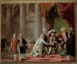 Aufnahme eines Ritters in den Orden des Heiligen Lazarus von Jerusalem und Unserer Lieben Frau vom Berge Karmel durch den letzten Großmeister, den Grafen der Provence, den späteren König Ludwig XVIII. (1755-1824), unter Ludwig XVI., um 1788