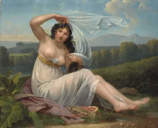 Junge Frau in einer Landschaft sitzend