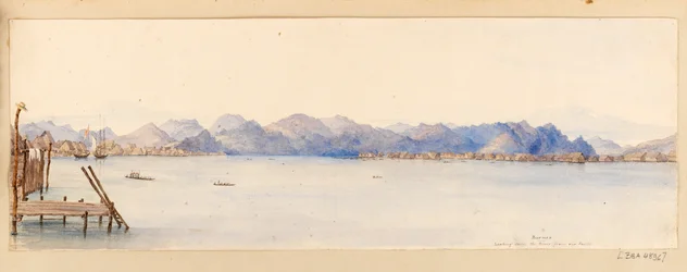 Borneo - Blick auf den Fluss von unserem Haus aus, aus dem Westindien-, Nordamerika- und Borneo-Sammelalbum, ca. 1845