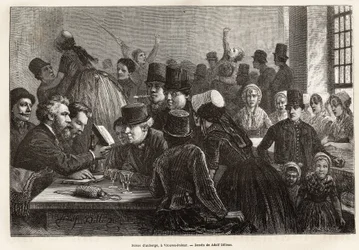 Szene in einer Herberge, in Vrouwe-Polder (Vrouwe Polder), Gravur nach der Zeichnung von Adolf Dillens, zur Illustration einer Reise nach Zeeland (Niederlande), 1873, von Charles de Coster, veröffentlicht in "Le tour du monde" 1874, herausgegeben von Edoua