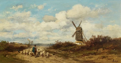 Landschaft mit Windmühle und Schafhirten