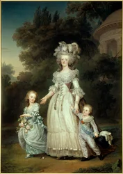 Ganzkörperporträt der Königin von Frankreich Marie Antoinette (1754-1793) mit Marie Therese oder Madame Royale (1778-1851) und dem ersten Dauphin Louis Joseph Xavier Francois oder Louis de France (1781-1789) im Garten des Trianon