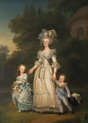 Königin Marie Antoinette von Frankreich und zwei ihrer Kinder spazieren im Park von Trianon