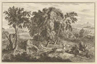 Frau von einem Pfeil getroffen in einer arkadischen Landschaft