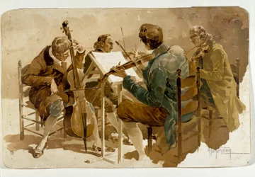 Vier Musiker Drei Geiger und ein Cellist. Plakat von Adolfo Hohenstein (1854-1928) Dim. 293x454 cm Private Sammlung
