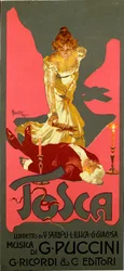 Plakat im Liberty-Stil für die Oper „La Tosca“ von Giacomo Puccini (1858-1924), 1906, Maße 30 x 13,5 cm. Illustration von Adolfo Hohenstein (1854-1928), Mailand, Privatsammlung