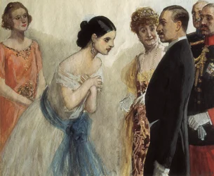 Vorstellung einer Dame bei Alfonso XIII von Spanien (1886-1941). Gemälde von Adolfo Lozano Sidro (1872-1935). Privatsammlung.