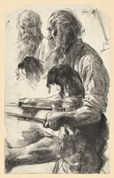 Alter Eisenarbeiter mit Schurzfell und Zange in der Hand. Studie zum "Eisenwalzwerk. Moderne Cyklopen"