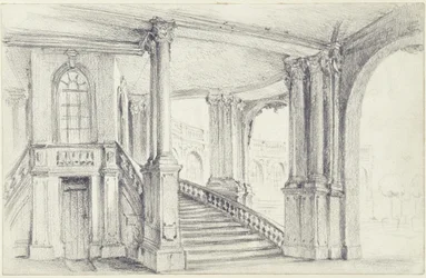 Blick durch den Stadtpavillon auf die südöstliche Bogengalerie im Zwinger in Dresden