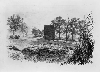 Landschaft mit drei Hütten