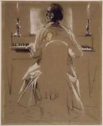 Modellstudie (Menzels Bruder Richard) für Philipp Emanuel Bach am Klavier bzw. Hammerflügel. Vorstudie zum Gemälde „Flötenkonzert Friedrichs des Großen in Sanssouci“