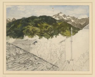 Partenkirchen, Blick auf Gebirge und Bauernhäuser