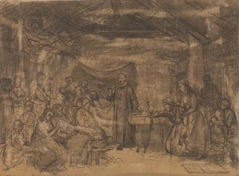 Priester spendet das Abendmahl in einer Bauernstube