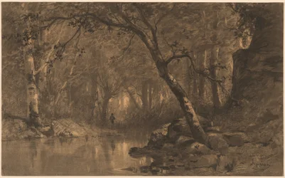 Ein Waldfluss mit einem Fischer