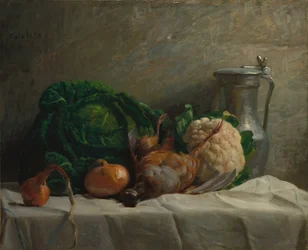 Stillleben mit Gemüse, Rebhuhn und einem Krug, 1858