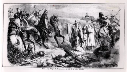 St. Loup verteidigt die Stadt Troyes gegen Attila den Hunnen (ca. 406-453) auf seinem Pferd, Illustration aus einer Geschichte Frankreichs, 2. Hälfte 19. Jahrhundert