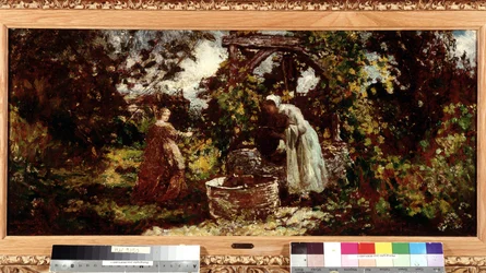 Eine Elegante und ihre Magd am Brunnen. Gemälde von Adolphe Monticelli (1824-1886). Sammlung Fondation Regards de Provence, Marseille
