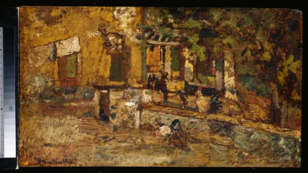 Bauernhof mit einem Esel und Hähnen