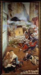 Gavroche an der Barrikade. Illustration zu „Die Elenden“ von Victor Hugo (1802-1885). 19. Jahrhundert, Paris, Maison de Victor Hugo