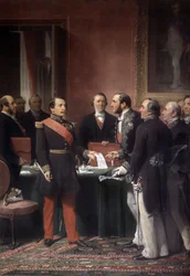 Der französische Kaiser Napoleon III. übergibt Baron Haussmann das Dekret zur Annexion der Vororte von Paris im Juni 1859