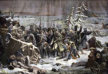 Marschall Michel Ney (1769-1815) zog sich 1812 aus Russland zurück. Gravur nach Yvons Gemälde