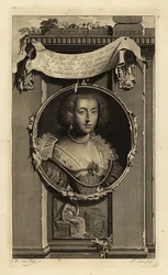 Elisabeth Stuart, Königin von Böhmen, Kurfürstin der Pfalz, Frau von Friedrich V., dem Winterkönig. In Kleid mit gesteppten geschlitzten Ärmeln, Spitzenkragen mit Perlen. Vignette einer Frau, die über eine gefallene Krone nachdenkt. Kupferstich von Charles