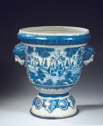 Große Delfter blau-weiße mythologische Gartenurne im Barockstil, ca. 1700