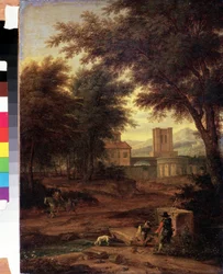 Italienische Landschaft mit Pilgern