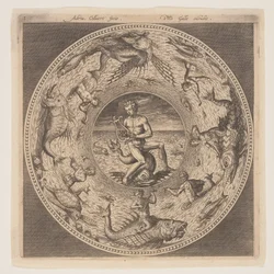 Arion auf einem Delphin umgeben von einem mit Meereskreaturen verzierten Rand, aus einem Satz von Entwürfen für Teller (Fonds de Coupe)